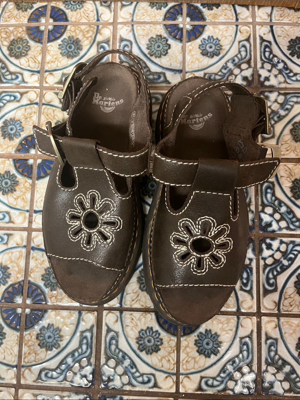 Dr. Martens Brown Leather Sandals with Floral Cutout